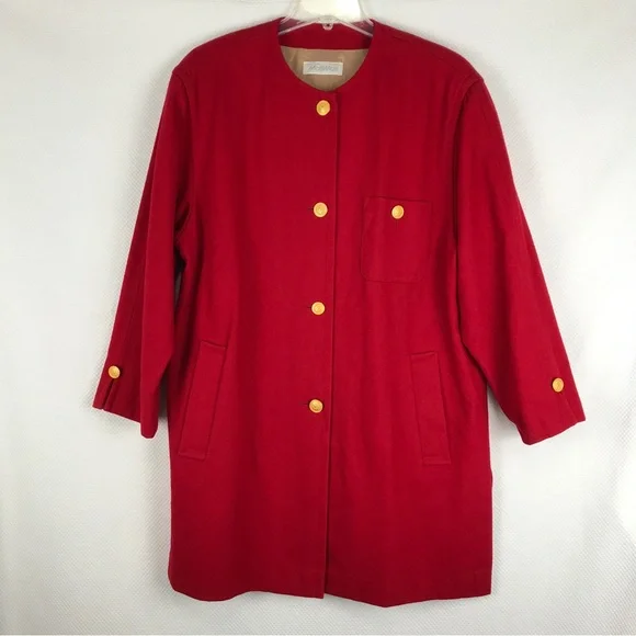 MALLI MARI Vintage 90’s Finland Red Wool Coat Fully Lined Gold Crest Buttons XL - Picture 1 of 8